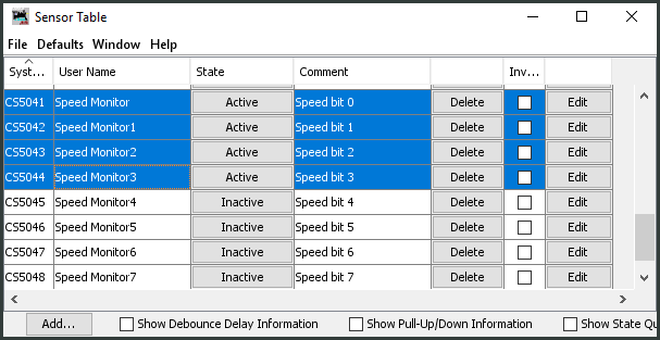 Sensor Table with 8 sensors> Create eight sensors