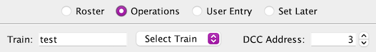 Trains from Ops, Ops Train selection combo, Train name and DCC Address.