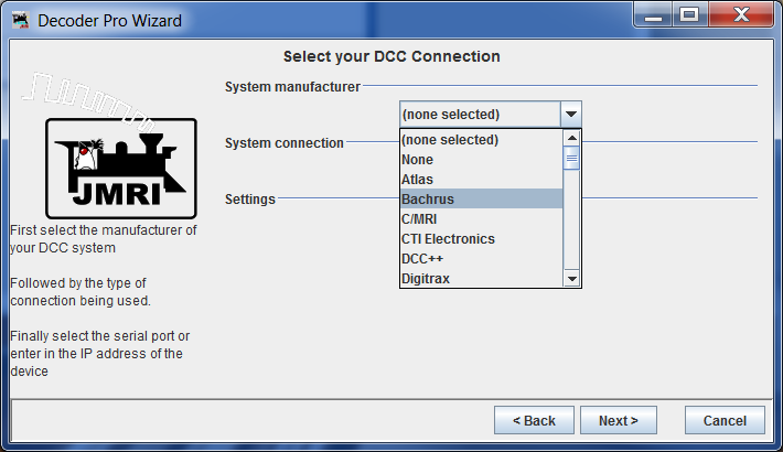 JMRI Start Wizard  Choose Manufacturer